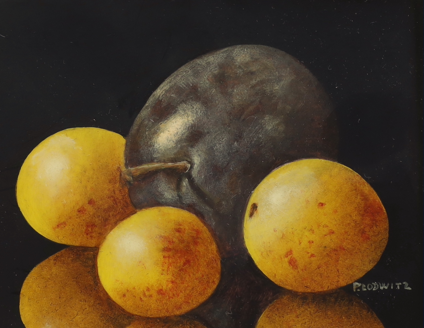 Patrick Lodwitz (b.1953), oil on board, still life of fruit, 8 x 10cm and another still life by Rosemary Lewis, 8 x 15cm
